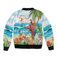 Unisex bomber jacket with tropical beach parrot print and elastic hem, back view