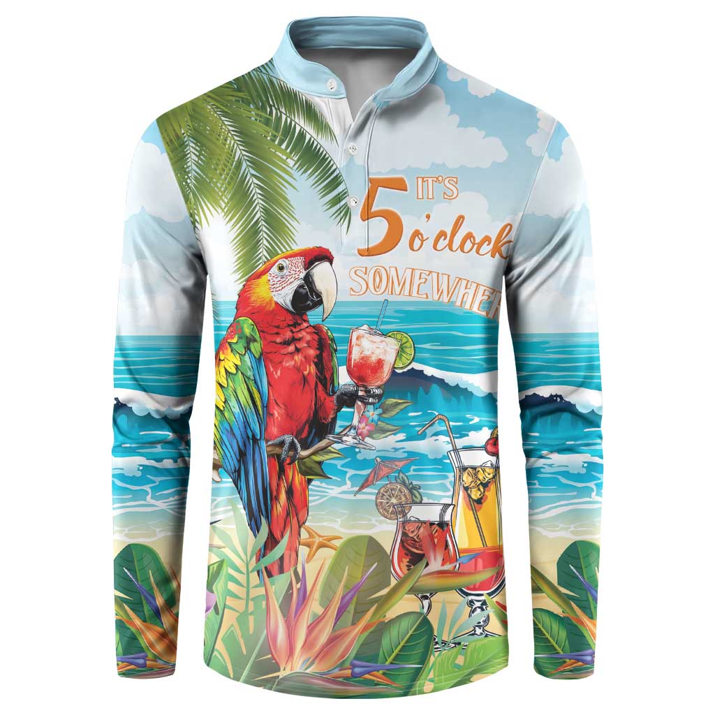 Light blue button-front sweatshirt with tropical parrot graphic and drink text