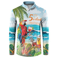 Light blue button-front sweatshirt with tropical parrot graphic and drink text