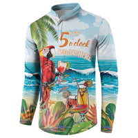 Light blue button-front sweatshirt with parrot and drink graphic, '5 o'clock somewhere' text