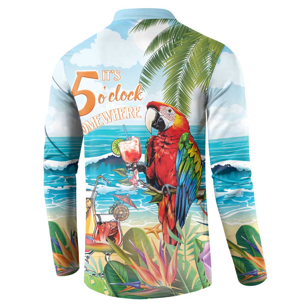 Light blue button-front sweatshirt, back shows tropical parrot with '5 o'clock somewhere' text