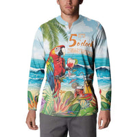 Light blue button-front sweatshirt on model, tropical parrot and drink print