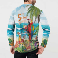 Light blue button-front sweatshirt on model, back tropical parrot and drink graphic