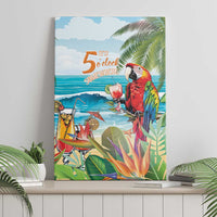 Colorful tropical canvas wall art featuring a red-and-blue parrot with cocktail glass