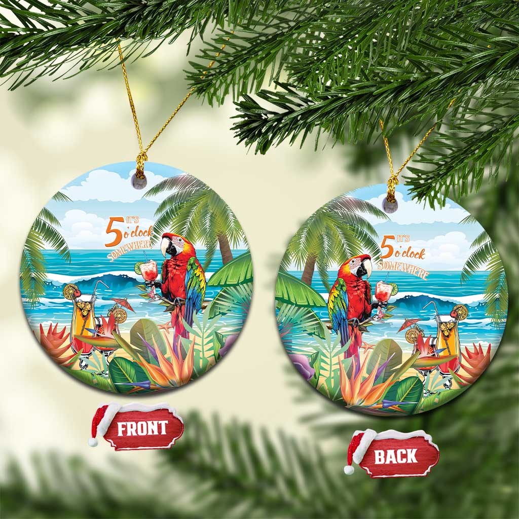 Round ceramic Christmas ornament with colorful tropical parrot and “5 o’clock somewhere” design