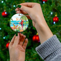 Hanging round ceramic ornament held by hand; colorful tropical parrot “5 o’clock somewhere”