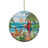 Round ceramic Christmas ornament in colorful tropical design with “5 o’clock somewhere” text