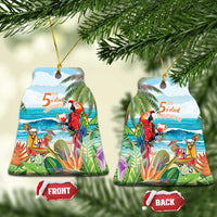 Bell-shaped ceramic Christmas ornament with colorful tropical parrot and “5 o’clock somewhere”