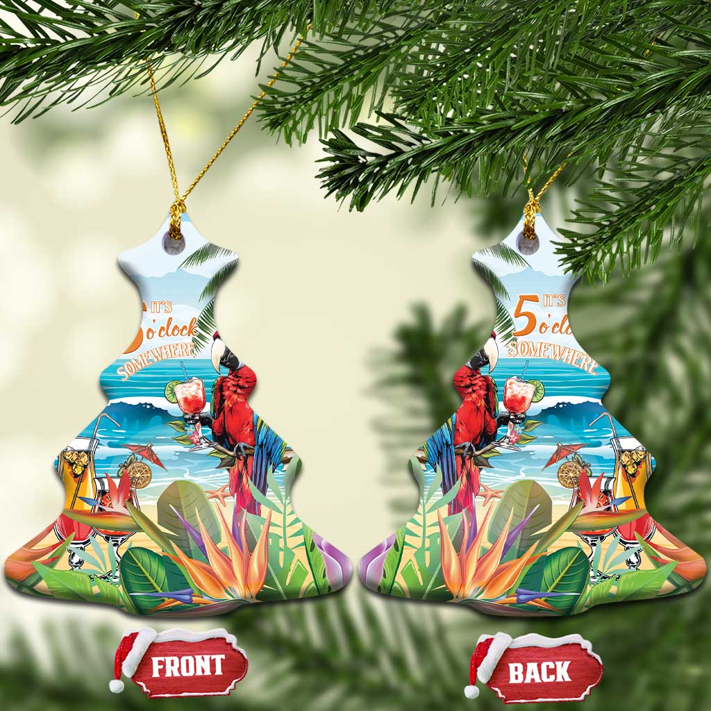 Ceramic Christmas tree ornament with colorful tropical parrot and “5 o’clock somewhere” text