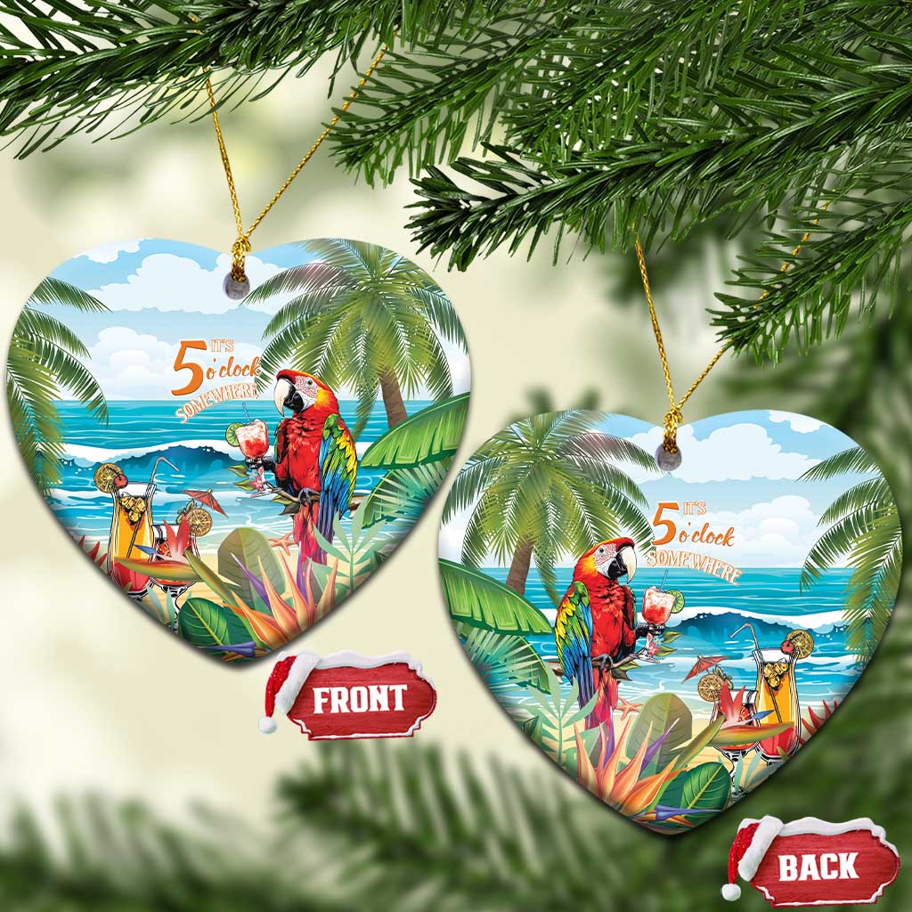 Heart-shaped ceramic Christmas ornament with colorful tropical parrot and “5 o’clock somewhere”