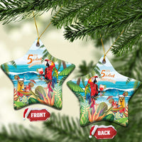 Star-shaped ceramic Christmas ornament with colorful tropical parrot and “5 o’clock somewhere”