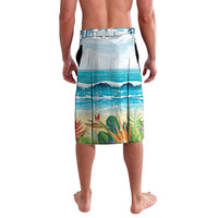 Ocean wave and palm print swim shorts, elastic waistband, knee length