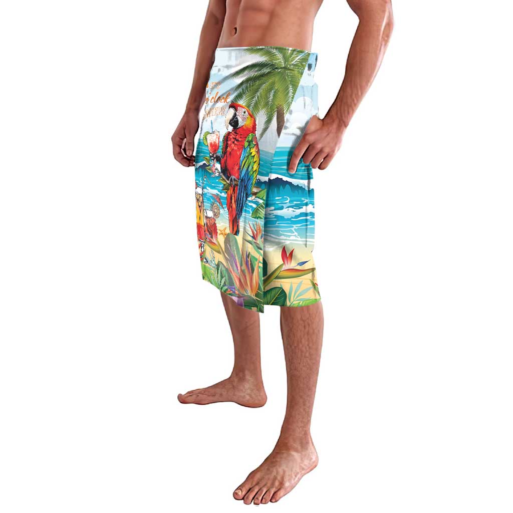 Tropical parrot and palm print swim shorts, straight hem, elastic waistband