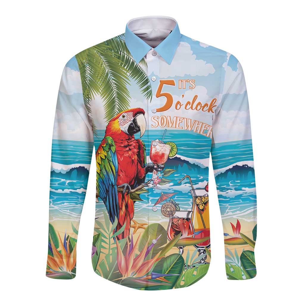 Unisex long sleeve button shirt with tropical parrot and “It’s 5 o’clock somewhere” print