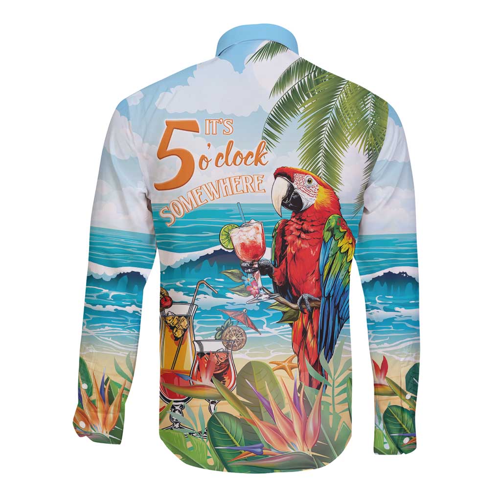 Unisex long sleeve button shirt, back view, tropical parrots and ocean scene graphic print