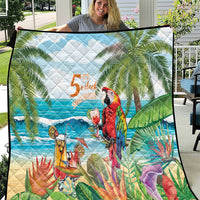 Colorful tropical quilt with parrot, ocean waves, palm leaves, and '5 o'clock' graphic
