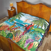 Tropical quilt on bed with parrot, palm leaves, ocean waves, and '5 o'clock' text