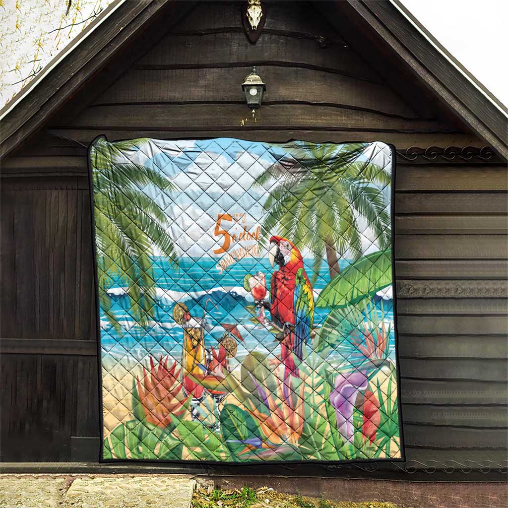 Tropical quilt hanging in doorway, parrot scene with '5 o'clock' title and palm foliage