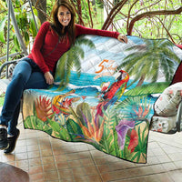 Tropical quilt on patio sofa with parrot and '5 o'clock' graphic over palm leaves