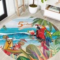 Round tropical parrot & cocktail print rug with '5 o'clock somewhere' text