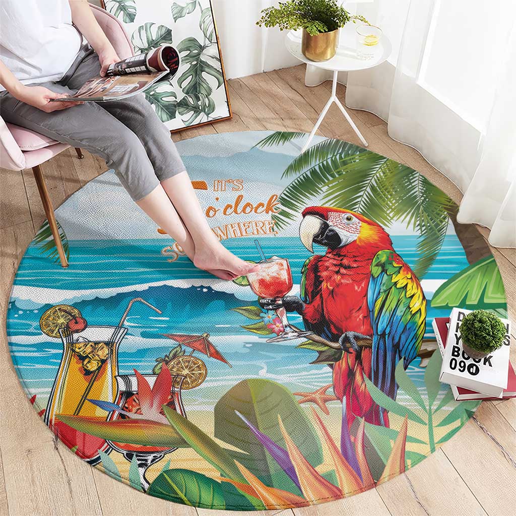 Round tropical parrot print rug with cocktails, sailboat, and '5 o'clock' lettering