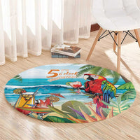 Round tropical parrot and cocktail print rug with '5 o'clock somewhere' text