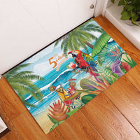 Colorful tropical rubber doormat featuring parrots over ocean and palm leaves