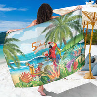 Tropical bird and palm leaf print sarong, colorful parrot graphic and beach scene