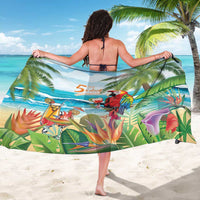 Tropical parrot and palm leaf sarong, draped across back, beach graphics and text