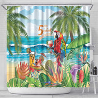Colorful tropical shower curtain with parrot holding a drink and palm jungle pattern
