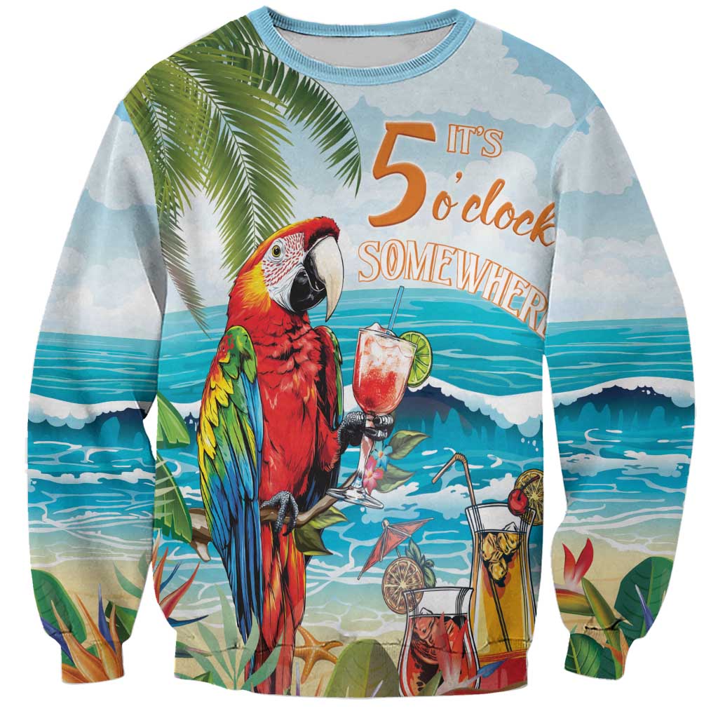 Unisex light blue sweatshirt with colorful parrot, palm, and tropical drink graphic