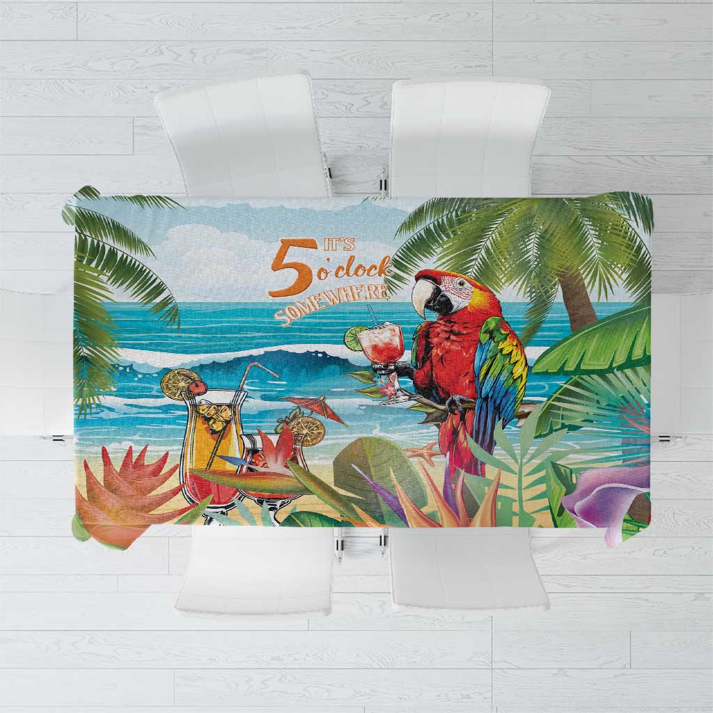 Colorful tropical tablecloth with parrots, palms, and '5 o'clock' beach text design