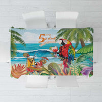 Colorful tropical tablecloth with parrots, palms, and '5 o'clock' beach text design