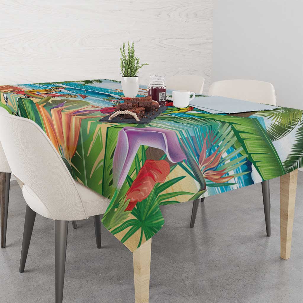 Colorful tropical tablecloth with parrot, palm leaves, and bright multicolor details