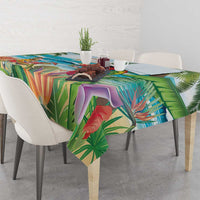 Colorful tropical tablecloth with parrot, palm leaves, and bright multicolor details