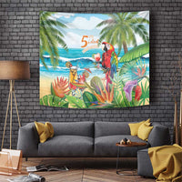 Colorful tropical wall tapestry with macaw parrot, cocktails, and palm leaves.