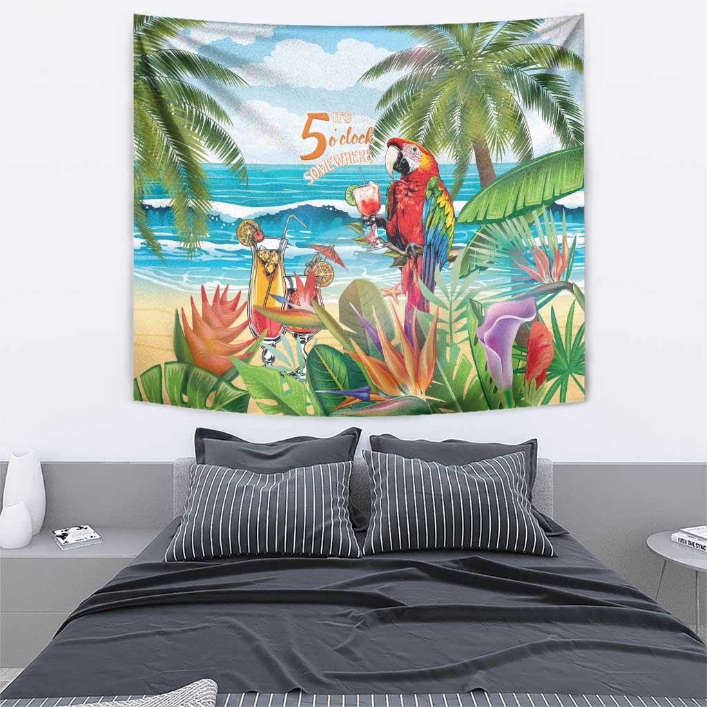Colorful tropical wall tapestry with macaw parrot, cocktail drinks, and palm trees.
