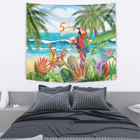 Colorful tropical wall tapestry with macaw parrot, cocktail drinks, and palm trees.