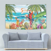 Colorful tropical wall tapestry with macaw parrot and cocktail drinks among palms.