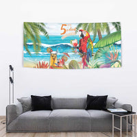 Colorful tropical wall tapestry with macaw parrot, cocktails, and palm leaves artwork.