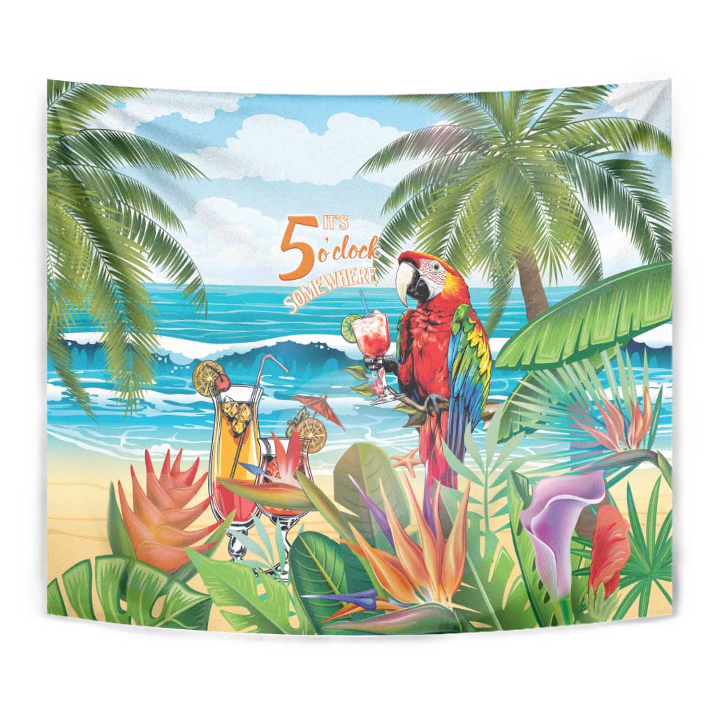 Colorful tropical tapestry with macaw parrot, '5 o'clock' text, and palm plants.