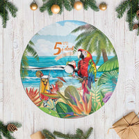 Round tropical Christmas tree skirt with white fringe, featuring colorful parrot scene