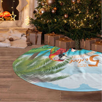 Tropical printed round tree skirt with white fringe, parrot artwork on blue background