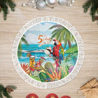 Round Aloha-style tree skirt with white fringe and bright parrot beach illustration