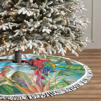 Round tree skirt with white fringe, tropical parrot and palm print on blue fabric