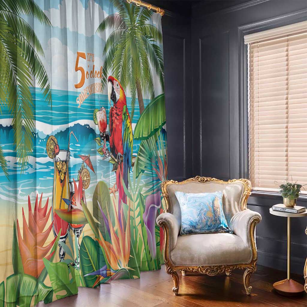 Colorful tropical parrot window curtain panel with bright palms and ocean waves