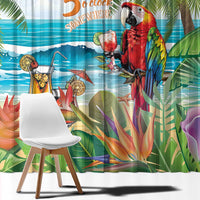 Colorful tropical parrot window curtain close-up with palms, ocean, and “5 o’clock”