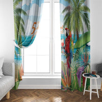 Colorful tropical window curtain with parrot perched among palm leaves