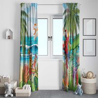 Colorful tropical print window curtain pair with parrot, ocean horizon, and palms