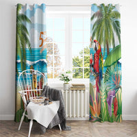 Colorful tropical window curtain with parrot artwork and palm leaf border